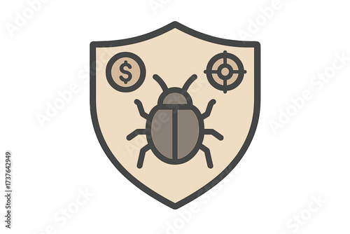 Digital security shield with bug, dollar sign, and target representing cyber threats