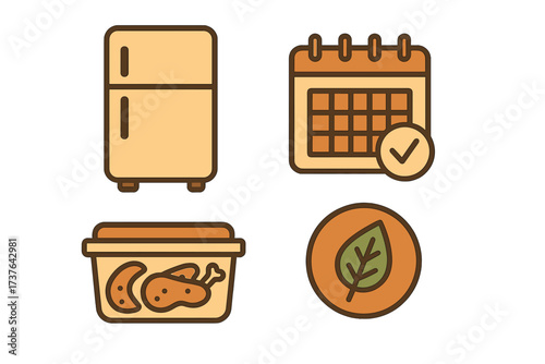 Food storage and meal planning icons with refrigerator, calendar, and healthy eating symbols