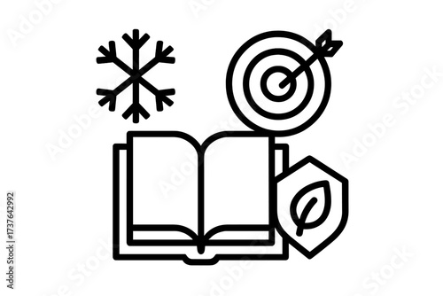 Collection of essential icons representing winter, goals, education, and environmental protection