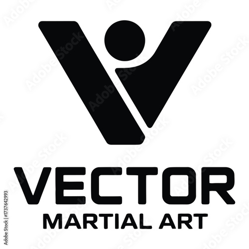Stylized martial art logo, abstract human figure. Dynamic V shape symbol, combat sport icon. Fitness and self-defense branding element, athletic activity illustration.