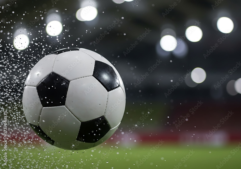 Naklejka premium Athletic competition focus on a traditional black and white soccer ball with flying grass and dark stadium seats.