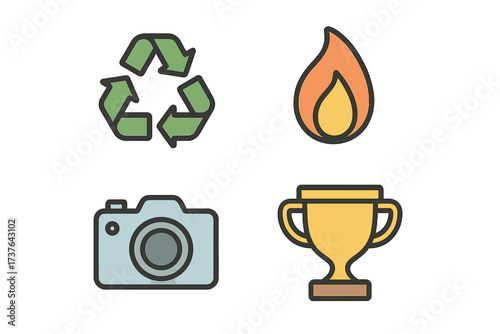Collection of universal symbols including recycling, fire, camera, and award trophy