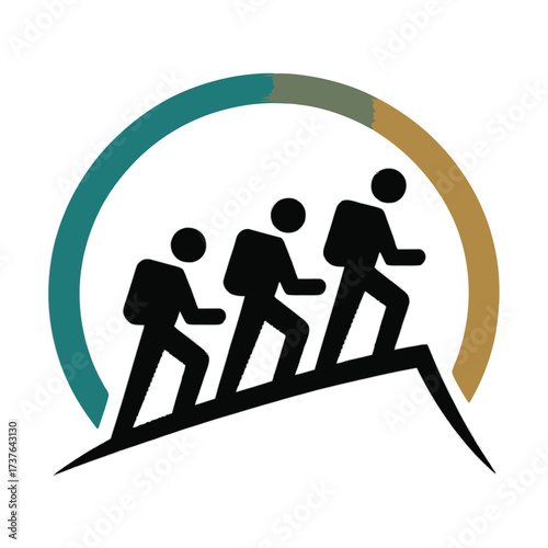Mountain climbers ascending hill. Group of people trekking. Success challenge achievement journey.