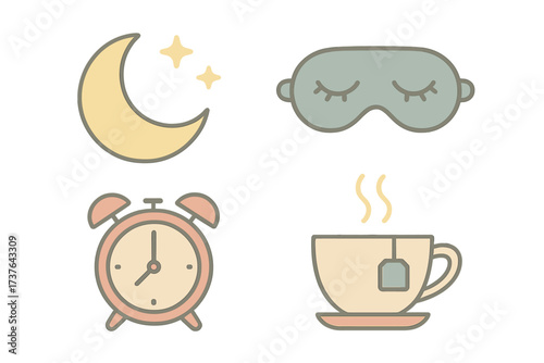 Bedtime and morning ritual items including moon, sleep mask, alarm clock, and hot tea