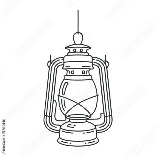 Classic kerosene lantern hanging from string, providing light. Old fashioned oil lamp for rustic ambiance. Vintage illumination device outline. Traditional camping lamp