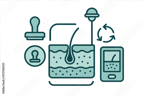 Dermatology skin and hair follicle treatment process with medical icons and digital monitoring