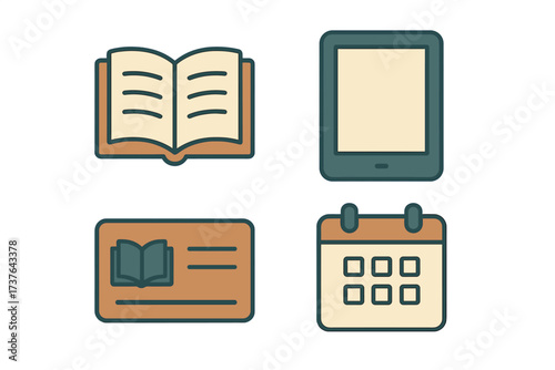 Academic and scheduling symbols: open book, e-reader, library card, and calendar