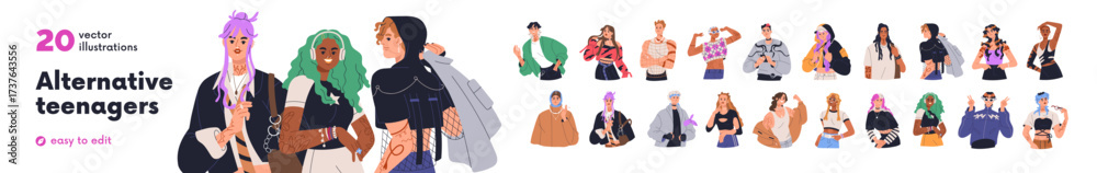 Teens in modern fashion alternative style set. Gen Z youth in funky clothing, cool hairstyles and makeup. Trendy young characters, teenagers. Flat vector illustration isolated on white background