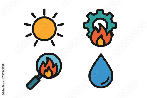Sun, fire, water, and industrial gear elements for energy and environment