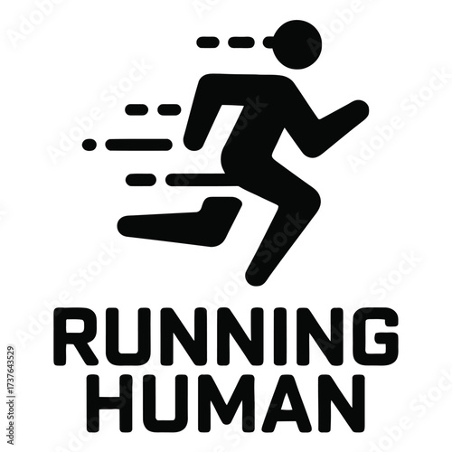 Dynamic running human figure icon with motion blur lines behind. Below, words RUNNING HUMAN in sans-serif uppercase font, illustrating athletic pursuit.