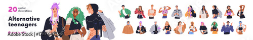 Teens in modern fashion alternative style set. Gen Z youth in funky clothing, cool hairstyles and makeup. Trendy young characters, teenagers. Flat vector illustration isolated on white background