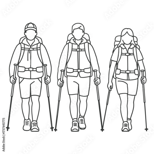 People hiking with trekking poles; three adventurers exploring nature; outdoor activity; backpacking journey; mountain walk; wilderness exploration.