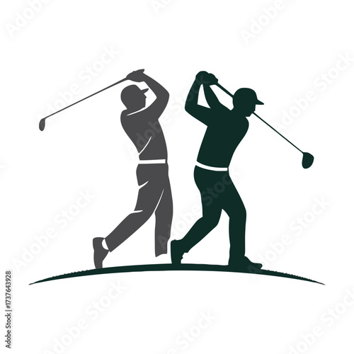 Two male golfers swinging golf clubs. Golf players on course with golf stick preparing to hit ball. Professional golfer on golf field with golf equipment on ground.