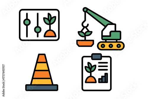 Set of colorful icons representing agricultural development, construction safety, and data analysis