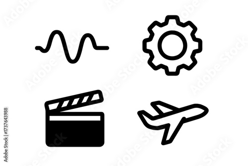 Universal interface symbols featuring sound wave, settings gear, movie clapper, and airplane