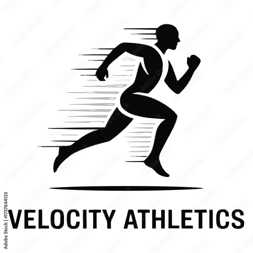Naklejka premium Dynamic running human figure with sleek motion trails, symbolizing speed. Below, words VELOCITY ATHLETICS in bold sans-serif font, representing sports brand.