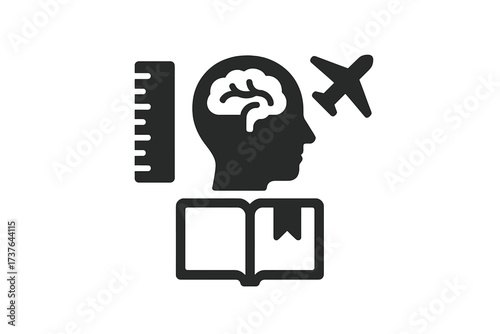 Knowledge, measurement, and travel concept with brain, book, ruler, and airplane icons
