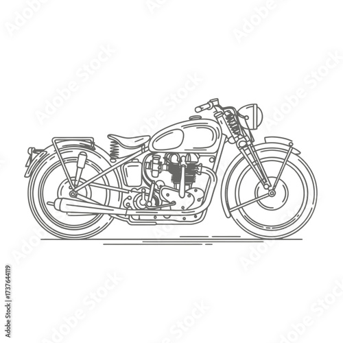 Vintage motorbike drawing. Classic cafe racer motorcycle illustration, old vehicle, motor transport, freedom on road.