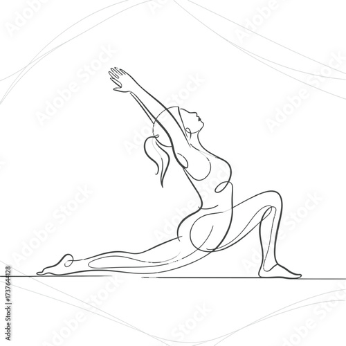 Woman in yoga lunge pose. Continuous line drawing. Female body stretching. Healthy lifestyle, fitness. Meditation, mindfulness. Sporty activity. Wellness concept. Physical exercise.