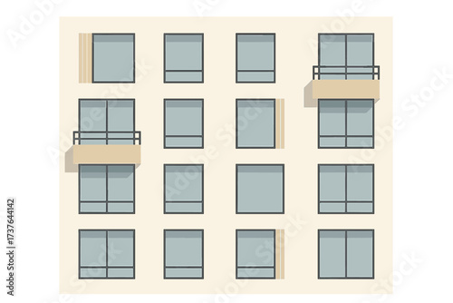 Modern building facade with numerous windows and small balconies in a minimalist style