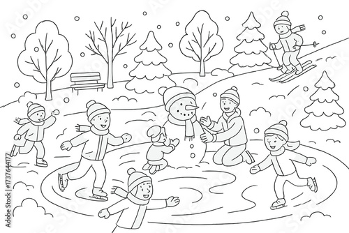 Joyful children having fun outdoors during winter, ice skating, skiing, and building a snowman