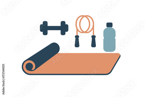 Fitness and workout equipment with yoga mat, dumbbell, jump rope, and water bottle