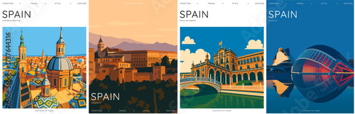 Vector post stamps of Spain famous landmarks and architectures. Colorful illustration of Spanish cities and tourist attractions. Covers for stamps, background, icons, stickers and advertisement.