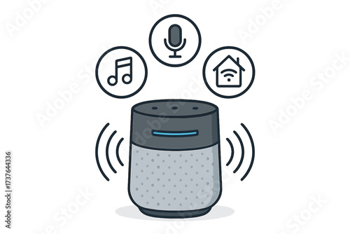 Smart speaker device with voice assistant, music playback, and smart home control icons