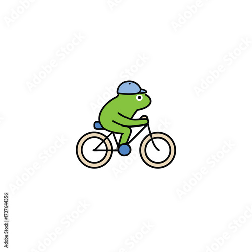 Cute cartoon frog wearing a blue cap happily riding a bicycle on a bright day