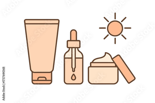 Skincare products for sun protection including lotion, serum, and cream with a sun icon