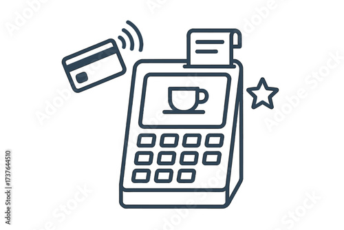 Contactless payment terminal with credit card and coffee order receipt