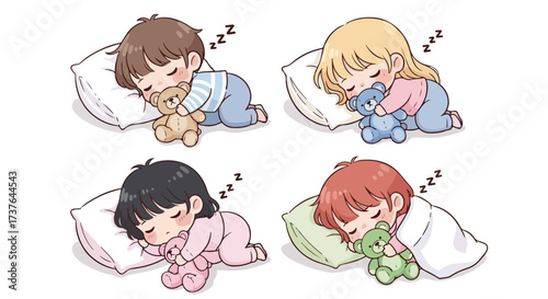 Adorable Diverse Children Sleeping Peacefully with Teddy Bears Sweet Dreams Childhood Innocence Cozy Nap Time Illustration