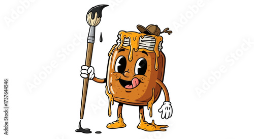 Vintage style cartoon illustration of a jam jar artist with paintbrush and hat on white