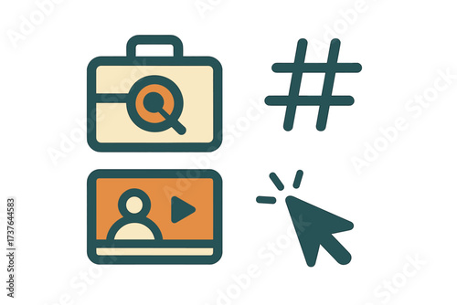 Digital marketing, social media, online video, and interactive web symbols collection