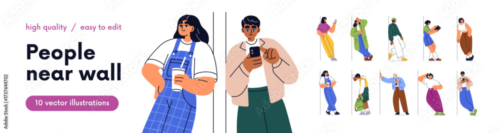 Fototapeta premium Men and women leaning against wall set. Happy and upset people waiting, relaxing with phone. Characters standing in different postures outdoors. Flat vector illustration isolated on white background