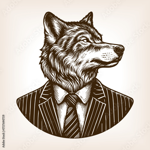wolf with a human body in a suit, symbolizing strength, leadership, cunning, and surreal creativity sketch engraving generative ai vector illustration. Scratch board imitation. Black and white image.