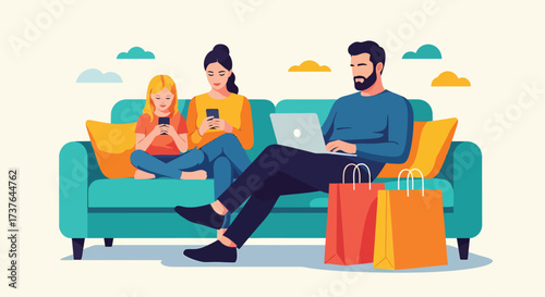 Modern Family Leisure Time with Gadgets and Shopping Bags
