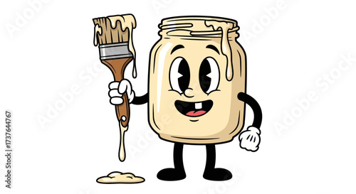Vintage cartoon illustration of a cheerful paint jar character holding a dripping brush