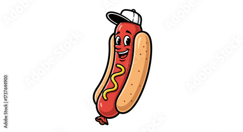 Playful hot dog cartoon character with baseball cap on white background illustration
