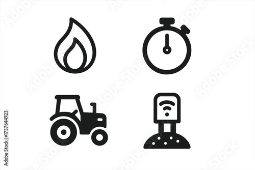 Modern icons for fire, stopwatch, tractor, and smart farming technology concepts