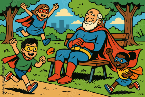 Park wearing s pretending vector cape illustration relaxing still hero retired