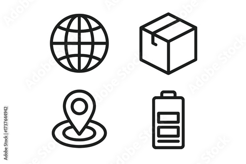 Essential icons for global delivery, location tracking, and battery power status