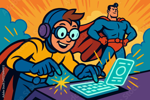 Savvy vector illustration superhero while operating supporting background tech gadgets sidekick main