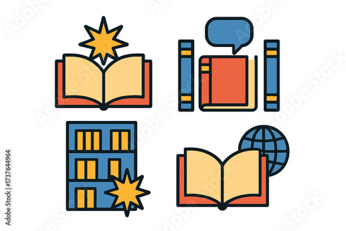 Education and knowledge icons representing learning, reading, and global information