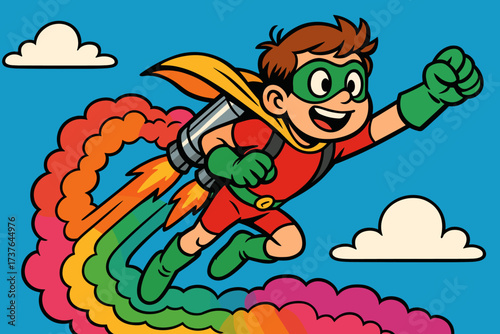 Across illustration adventure smoke simple vector sky colorful sidekick jetpack flying young