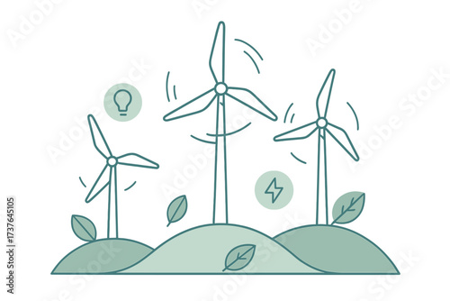 Wind turbines generating clean renewable energy on green hills with environmental icons