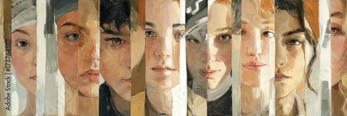 A collection of portraits highlights young individuals with distinct features and expressions, reflecting diversity and contemporary style in a bright setting.