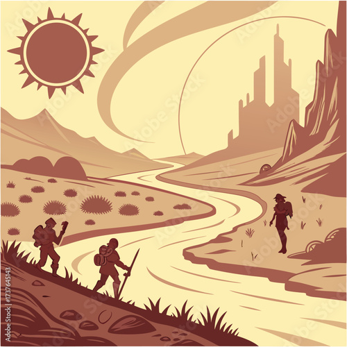 Adventurous explorers journey through vast desert landscape toward distant majestic city under a radiant sun