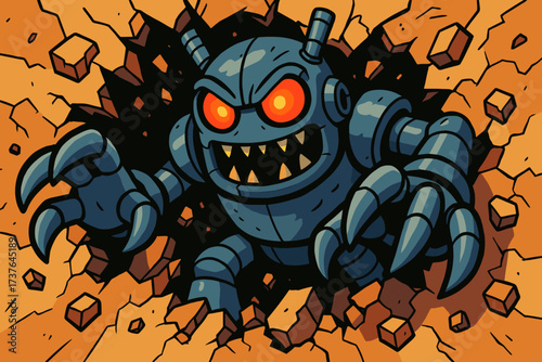 Glowing rampage oversized metal robotic eyes red claws monster vector illustration