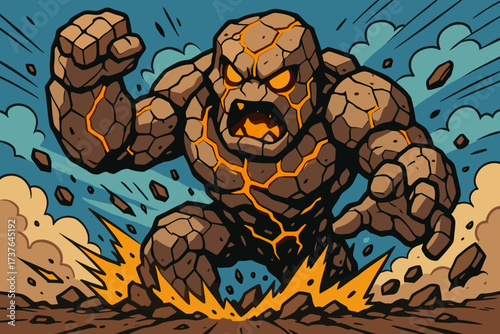 Vector energy glowing body from inside stone monster illustration awakening rising